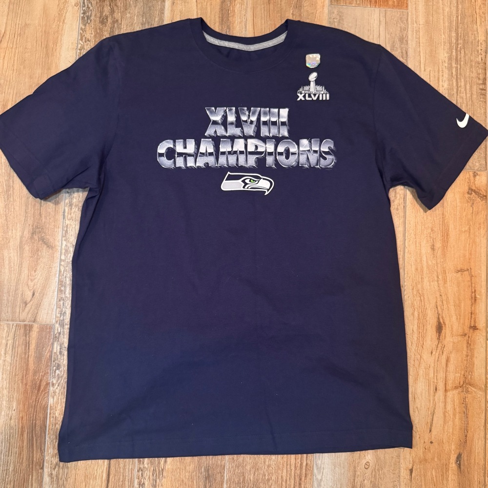 Nike Seattle Seahawks Super Bowl XLVIII Champions Shirt Mens XL Navy Blue NFL